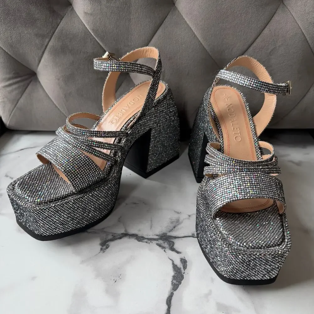 Nodaleto Disco Silver Glitter Platform Heels Size EU 38